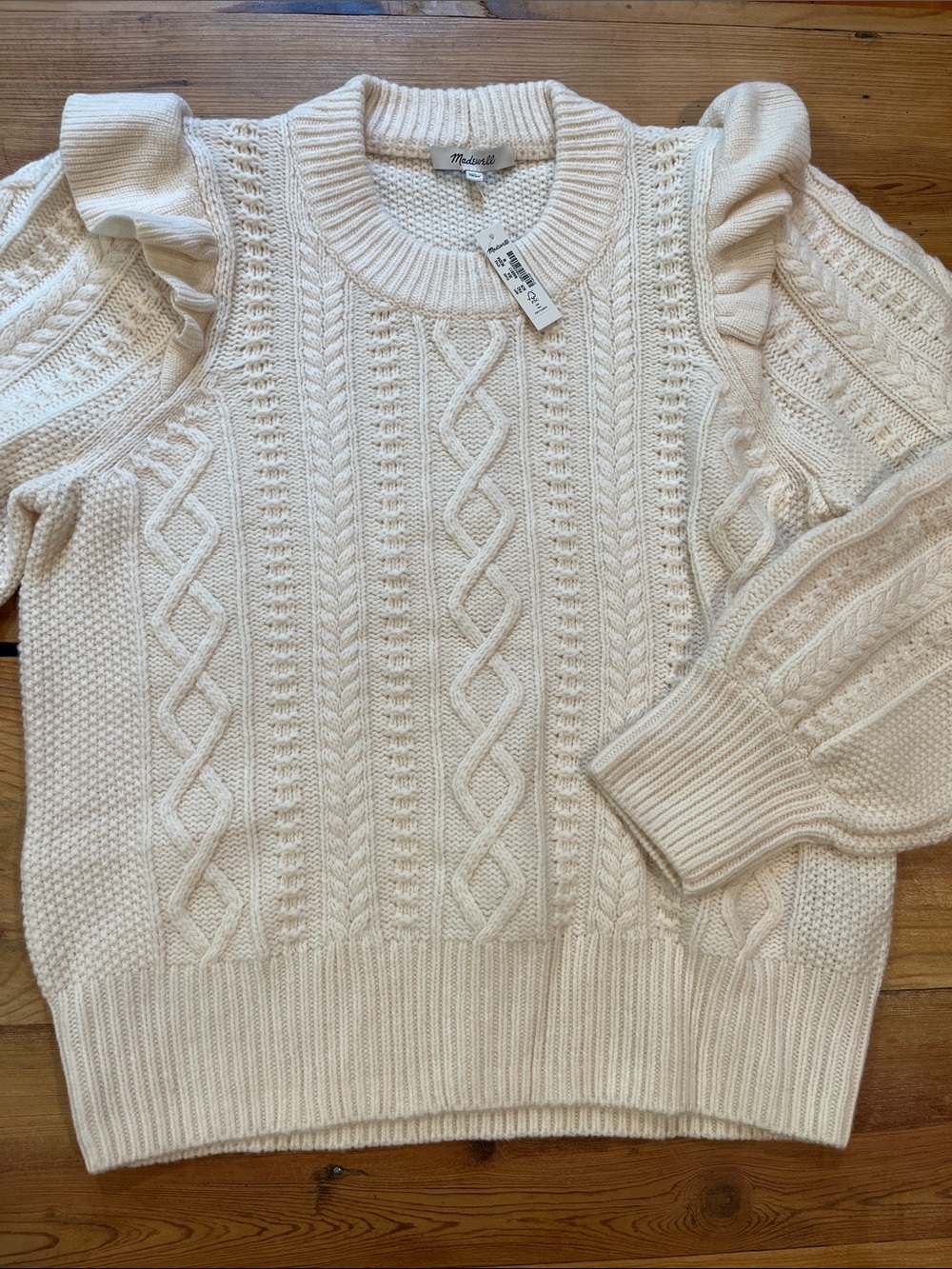 New! MADEWELL M Antique Cream Hollydene Ruffle-Shoulder Sweater Merino Wool
